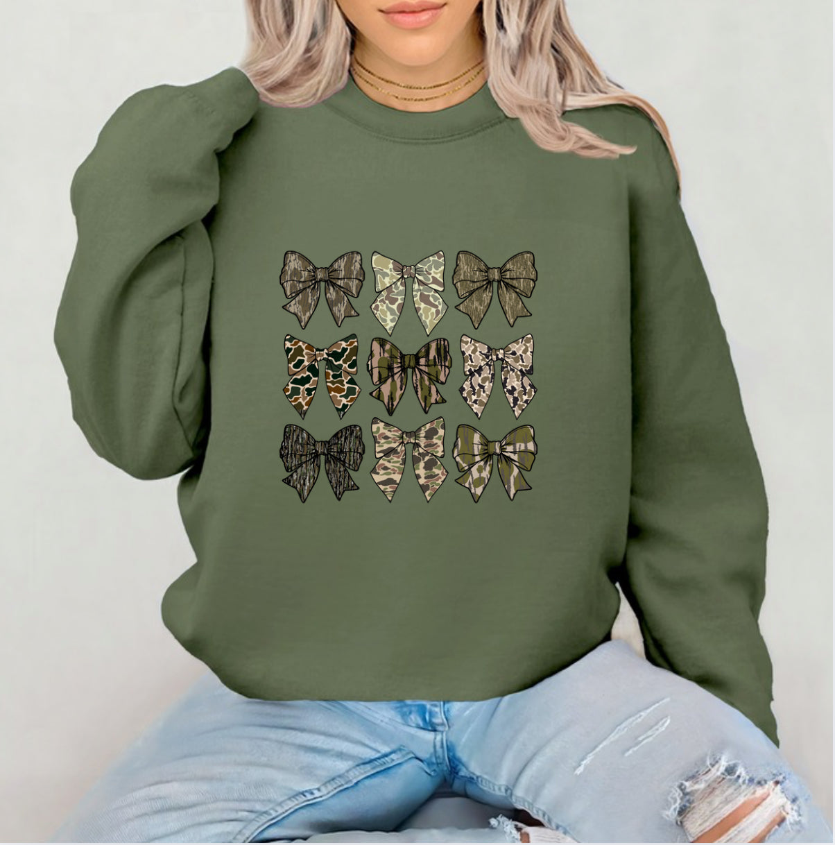 Camo Bows on Army Green Crew