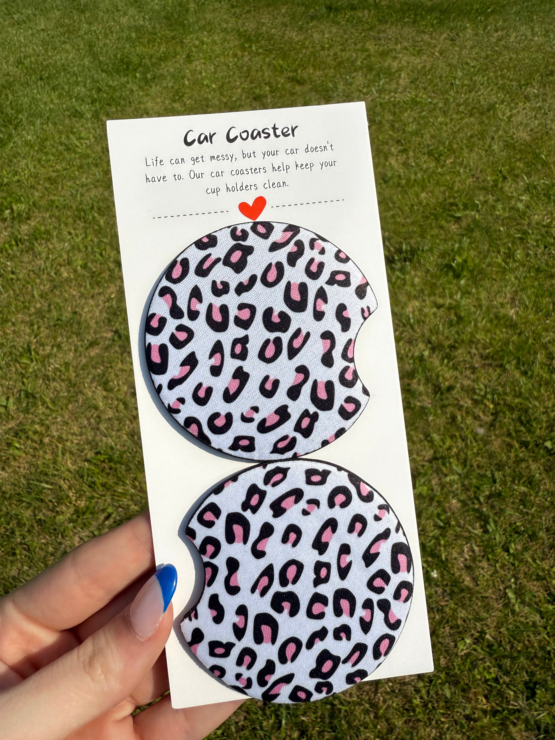 White and Pink Cheetah Print Car Coaster Set
